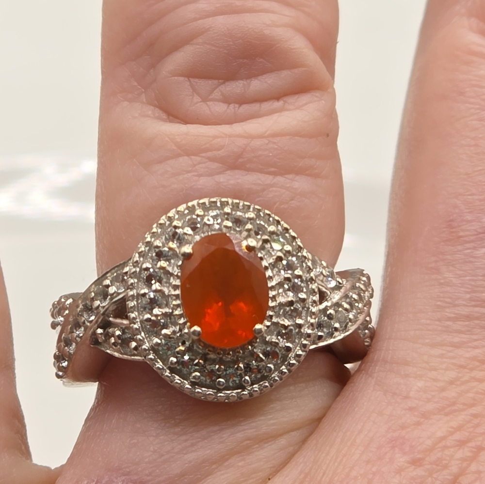 Designer Signed Mexican Fire Opal And White Topaz Halo Ring - Picture 5 of 8
